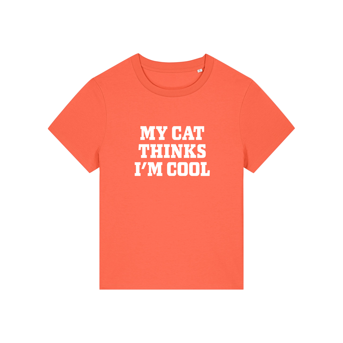 orange slogan t-shirt that reads 'my cat thinks i'm cool'
