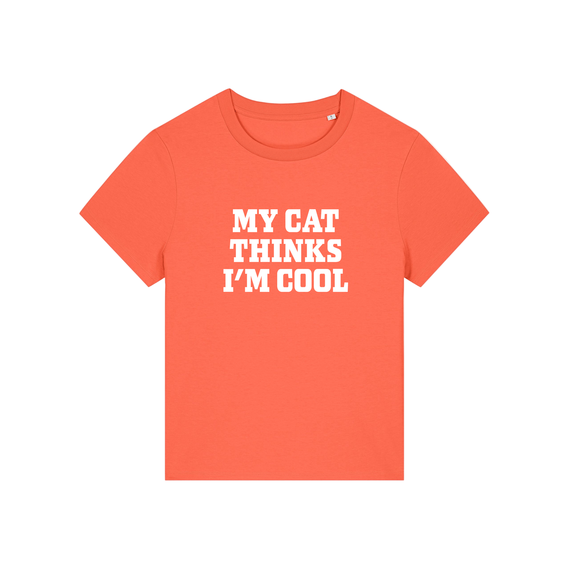 orange slogan t-shirt that reads 'my cat thinks i'm cool'