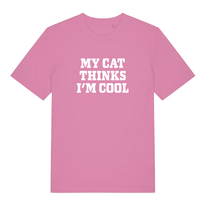 pink women's slogan t-shirt with the text 'my cat thinks i'm cool'
