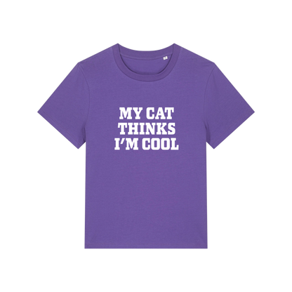 purple slogan t-shirt that reads 'my cat thinks i'm cool'