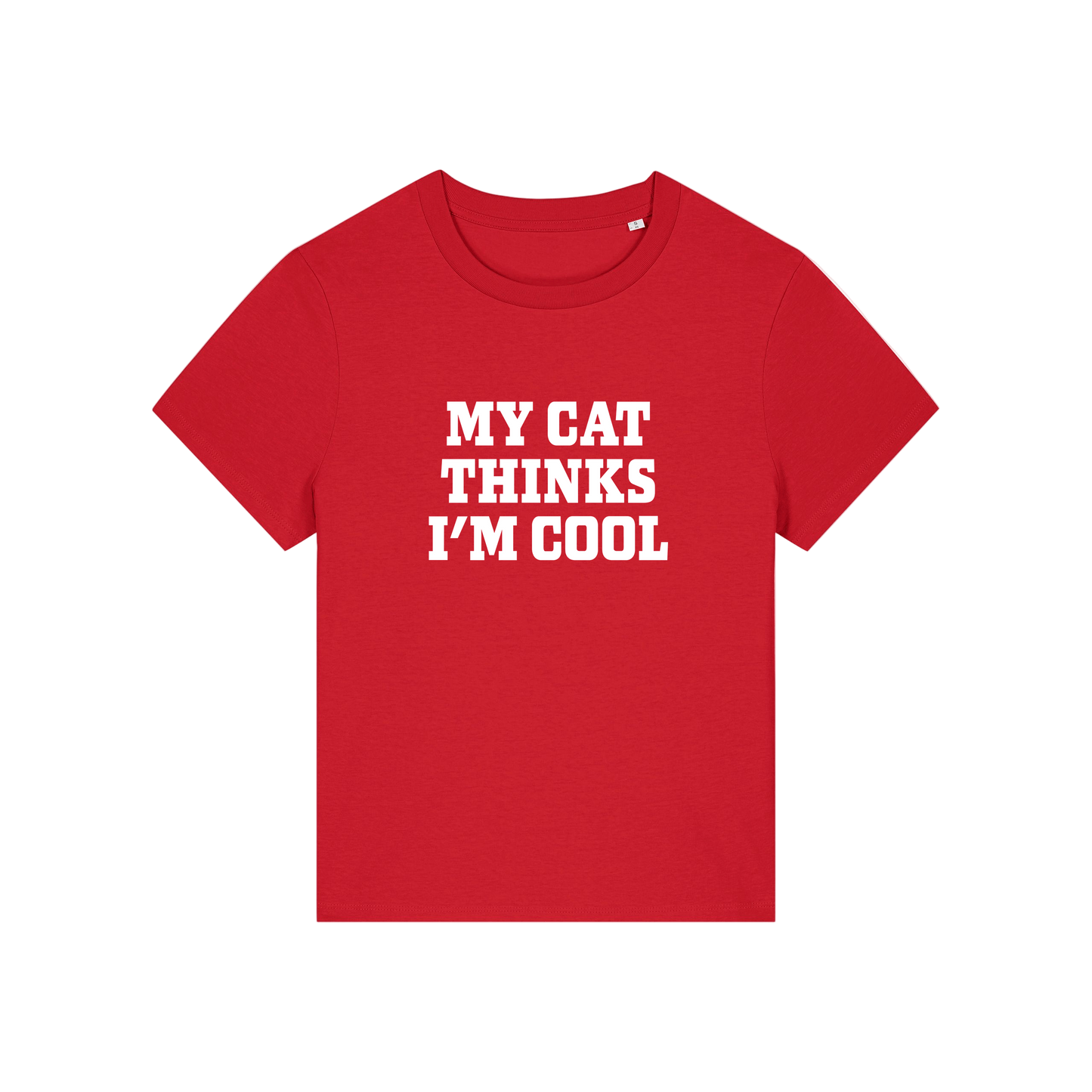 red slogan t-shirt that reads 'my cat thinks i'm cool'