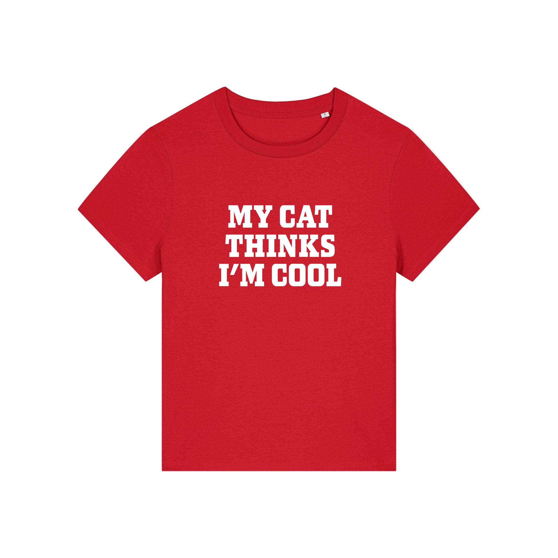 red slogan t-shirt that reads 'my cat thinks i'm cool'