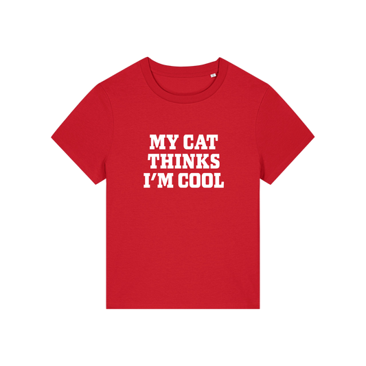 red slogan t-shirt that reads 'my cat thinks i'm cool'