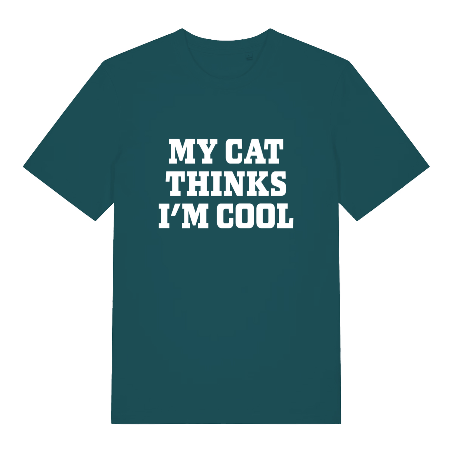 Teal My Cat Thinks I’m Cool funny slogan t-shirt with crisp white lettering  