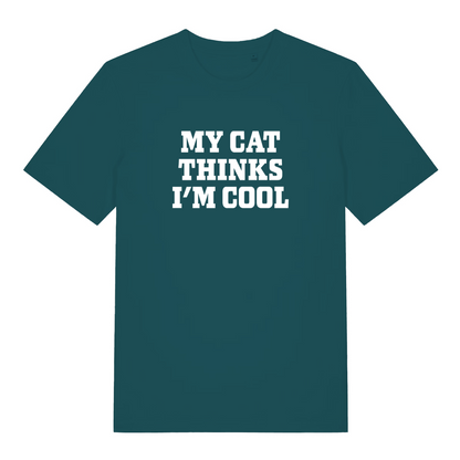teal women's slogan t-shirt with the text 'my cat thinks i'm cool'