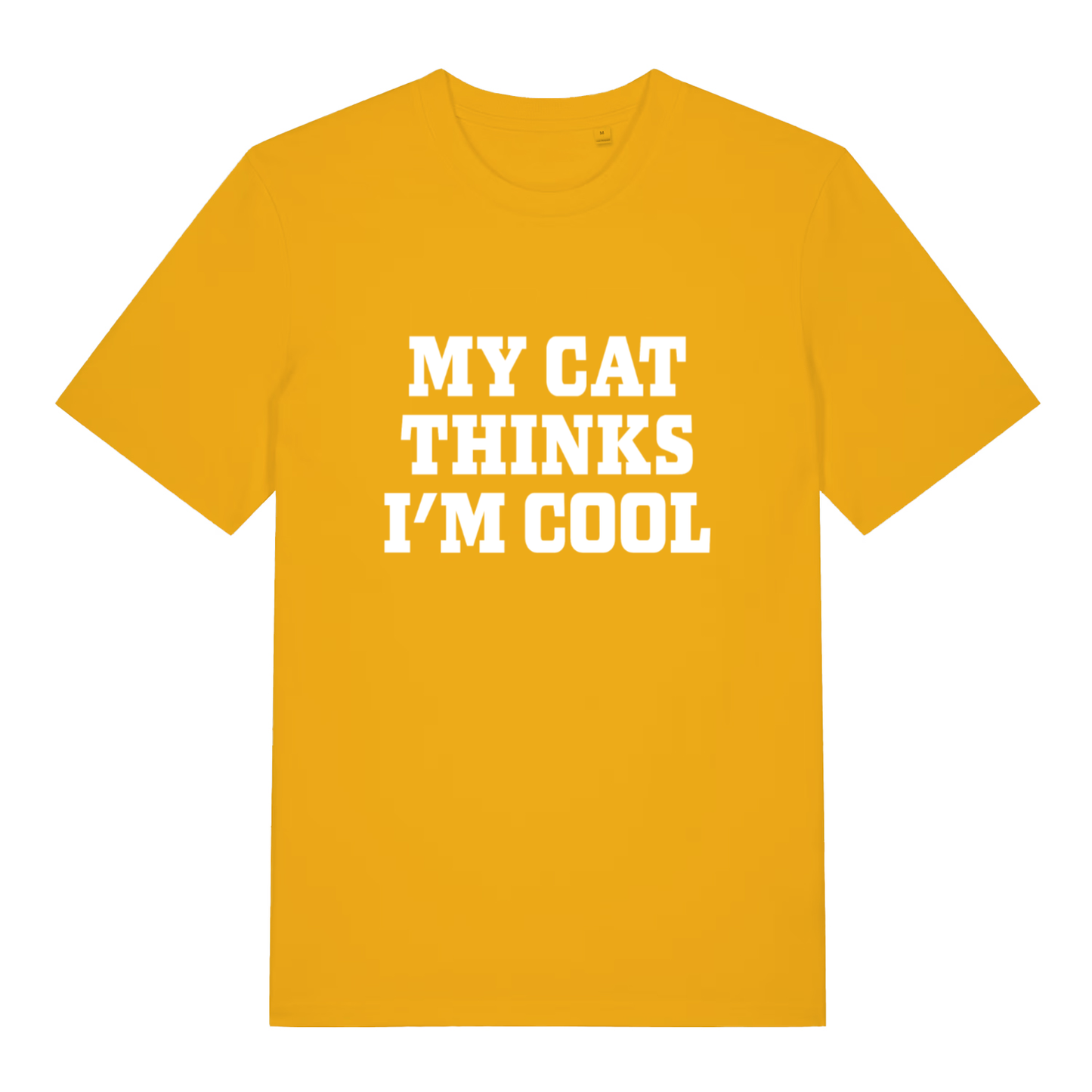 Yellow My Cat Thinks I’m Cool funny slogan t-shirt featuring clean cat owner banter  