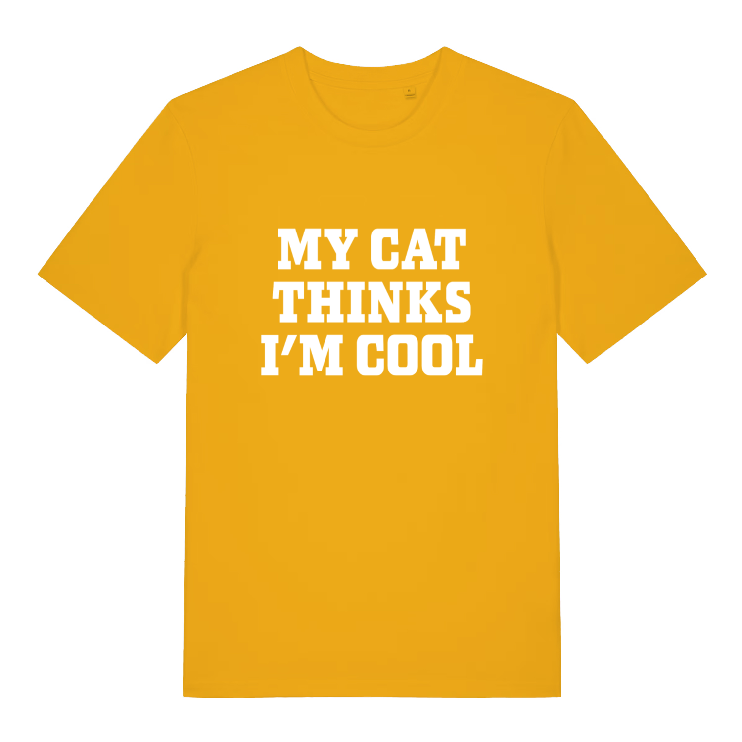 Yellow My Cat Thinks I’m Cool funny slogan t-shirt featuring clean cat owner banter  