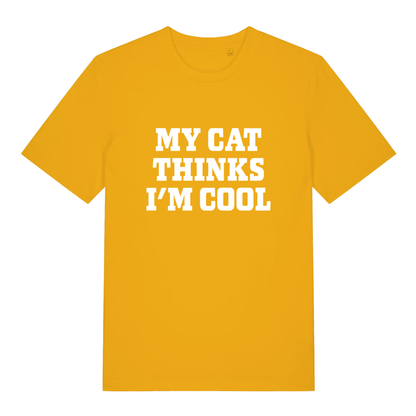Yellow My Cat Thinks I’m Cool funny slogan t-shirt featuring clean cat owner banter  