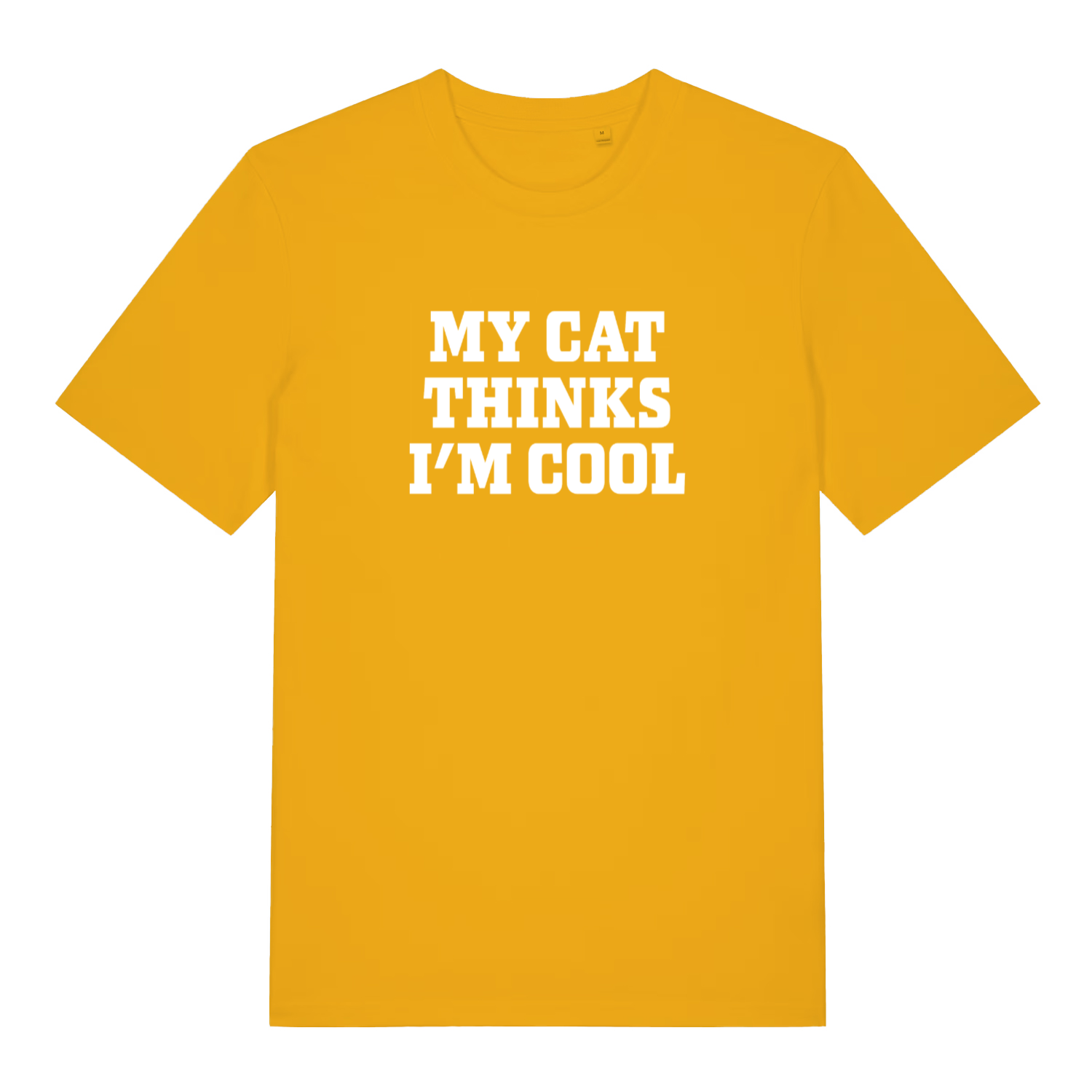 yellow women's slogan t-shirt with the text 'my cat thinks i'm cool'