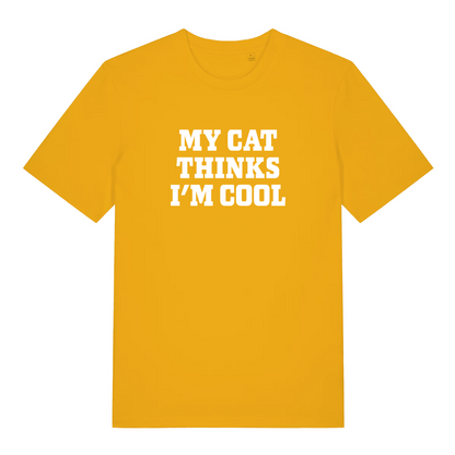 yellow women's slogan t-shirt with the text 'my cat thinks i'm cool'