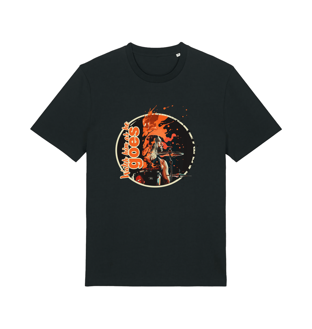 black music t-shirt with a graphic depicting taylor hawkins and the slogan 'watch him as he goes'