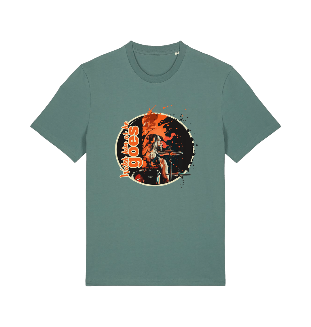 green music t-shirt with a graphic depicting taylor hawkins and the slogan 'watch him as he goes'