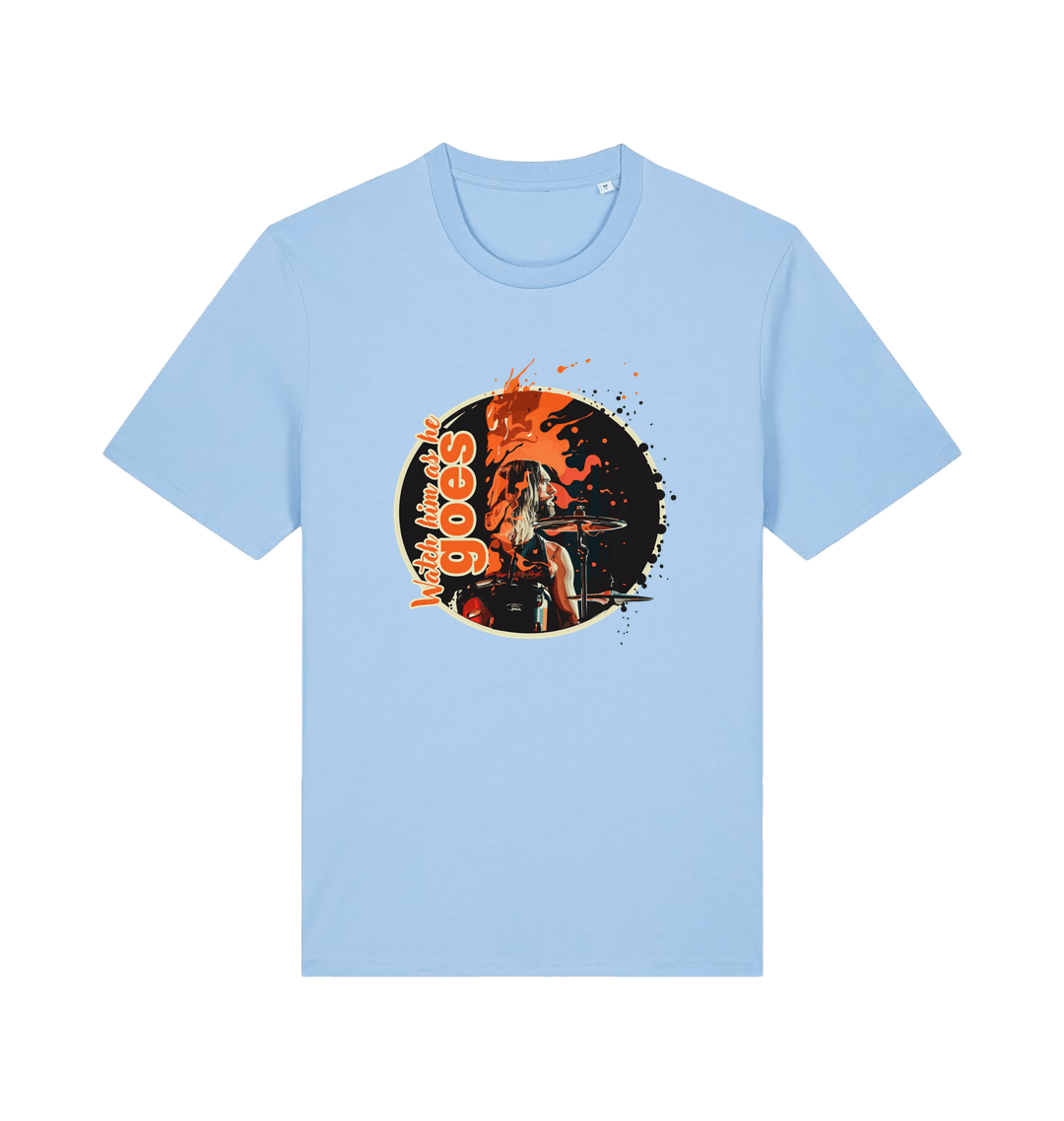 light blue music t-shirt with a graphic depicting taylor hawkins and the slogan 'watch him as he goes'