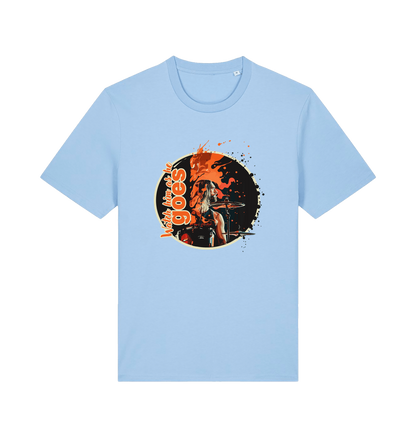 light blue music t-shirt with a graphic depicting taylor hawkins and the slogan 'watch him as he goes'