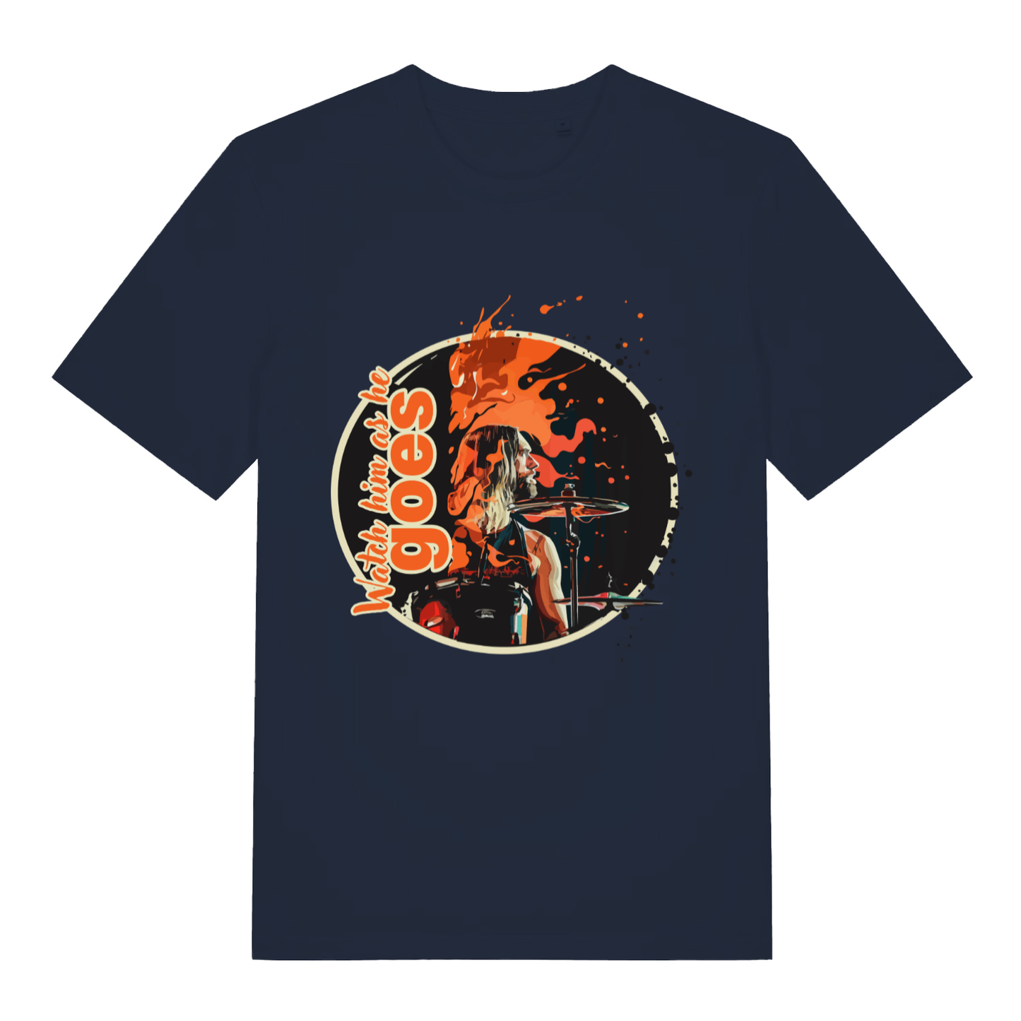 Navy Watch Him As He Goes funny graphic t-shirt featuring circular rock tribute and orange paint splash  