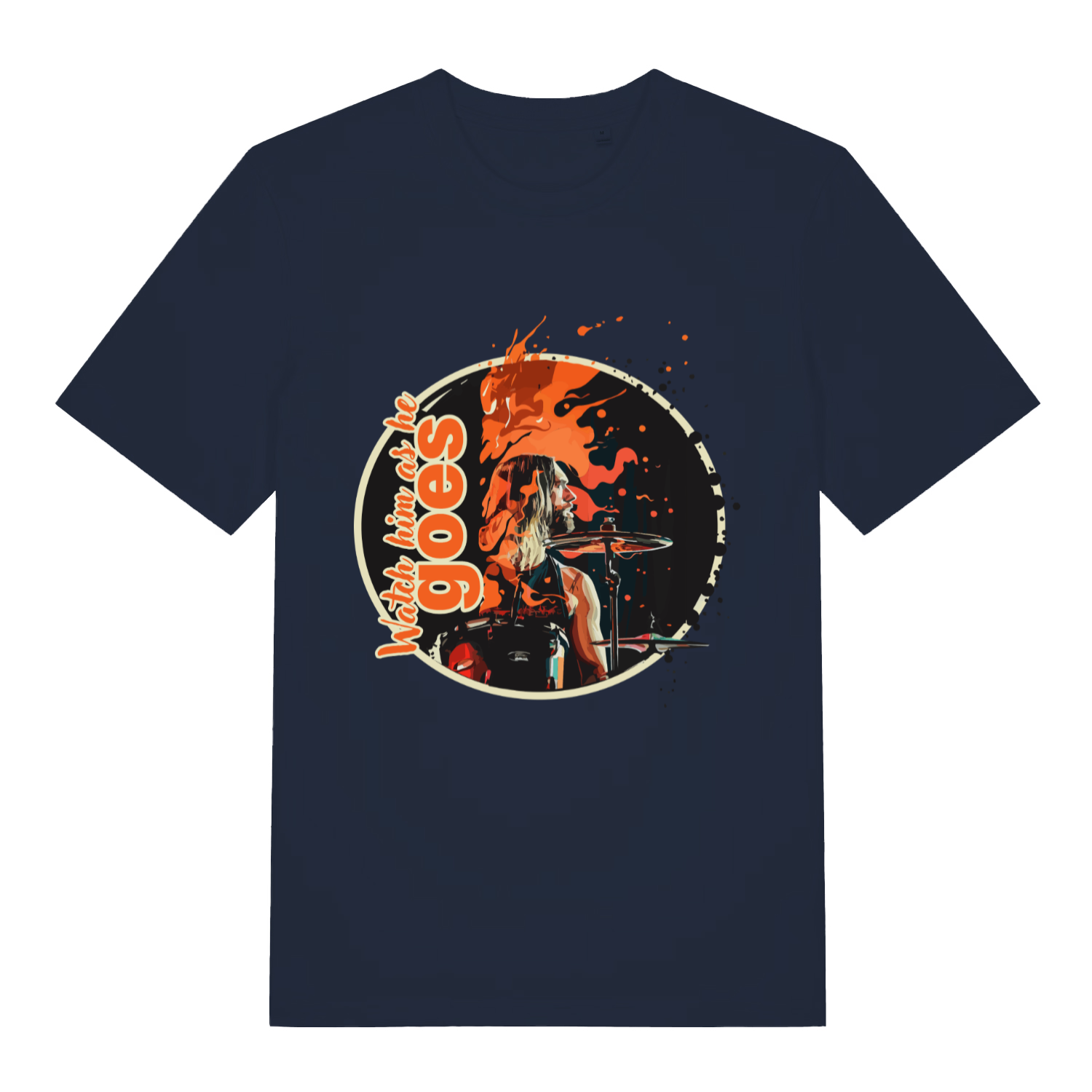 Navy Watch Him As He Goes funny graphic t-shirt featuring circular rock tribute and orange paint splash  