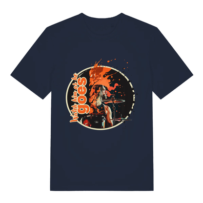 Navy Watch Him As He Goes funny graphic t-shirt featuring circular rock tribute and orange paint splash  