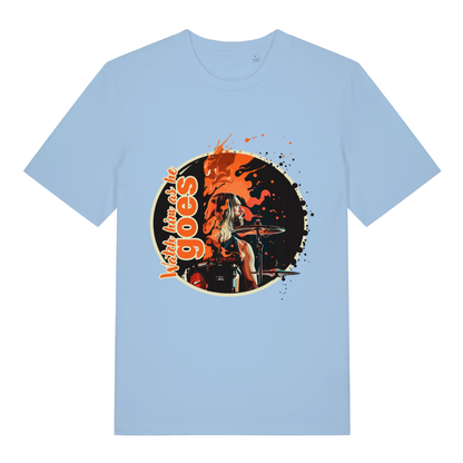 Sky blue Watch Him As He Goes funny graphic t-shirt with drummer illustration and bold text  