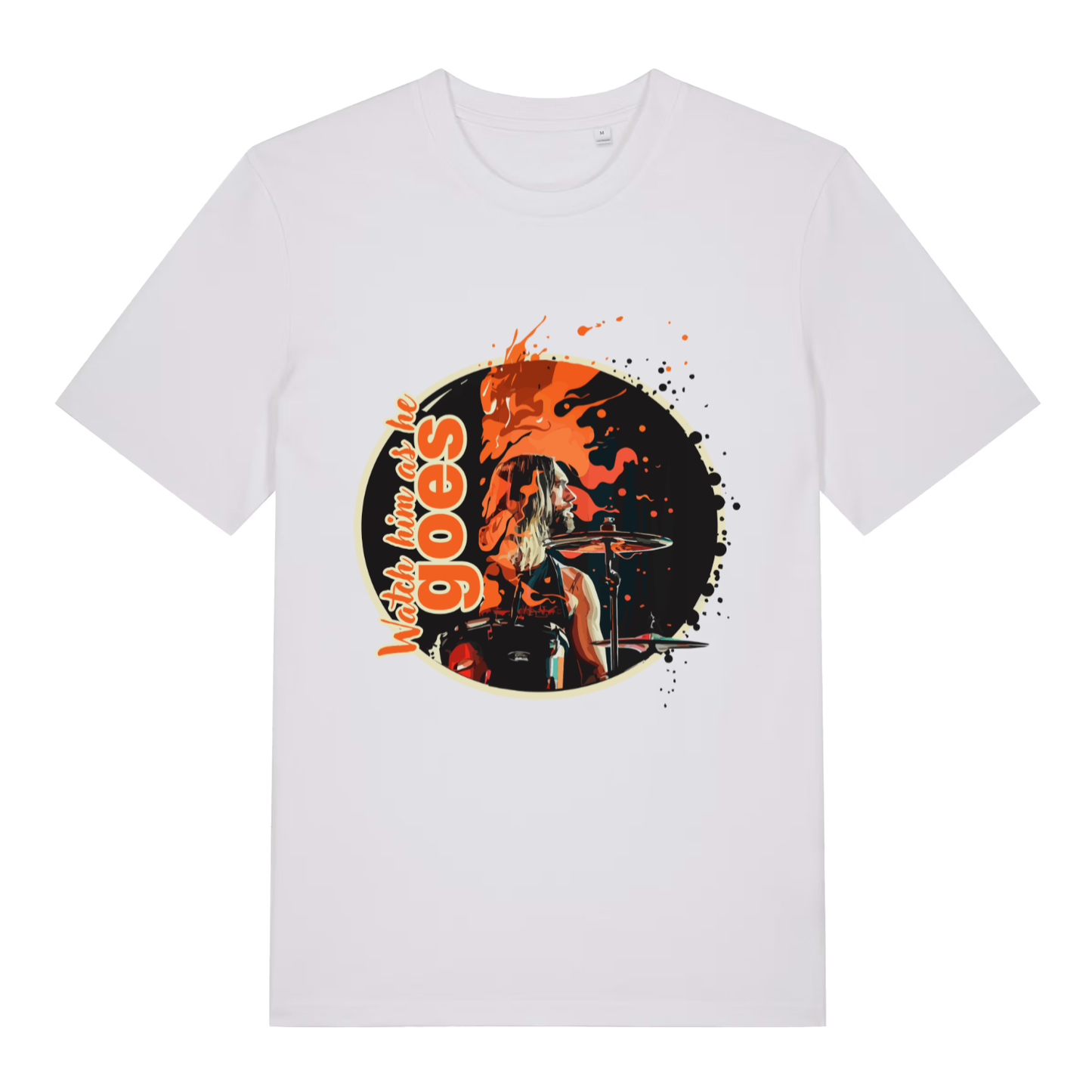 White Watch Him As He Goes funny graphic t-shirt showing detailed music tribute design  
