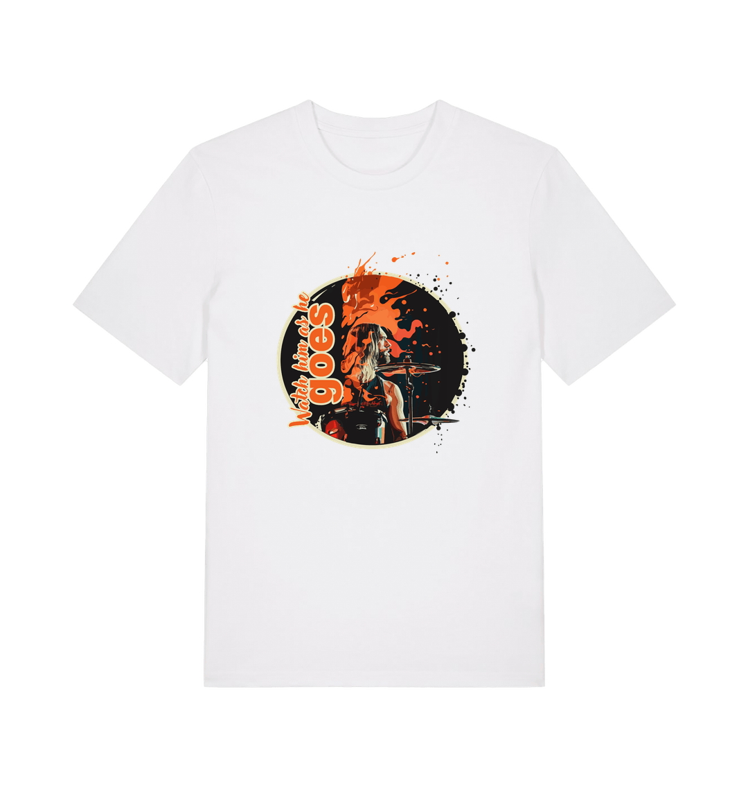 white music t-shirt with a graphic depicting taylor hawkins and the slogan 'watch him as he goes'
