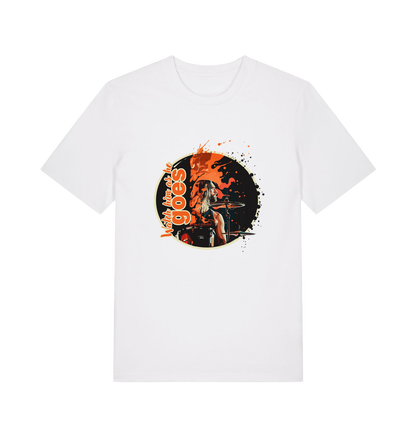 white music t-shirt with a graphic depicting taylor hawkins and the slogan 'watch him as he goes'
