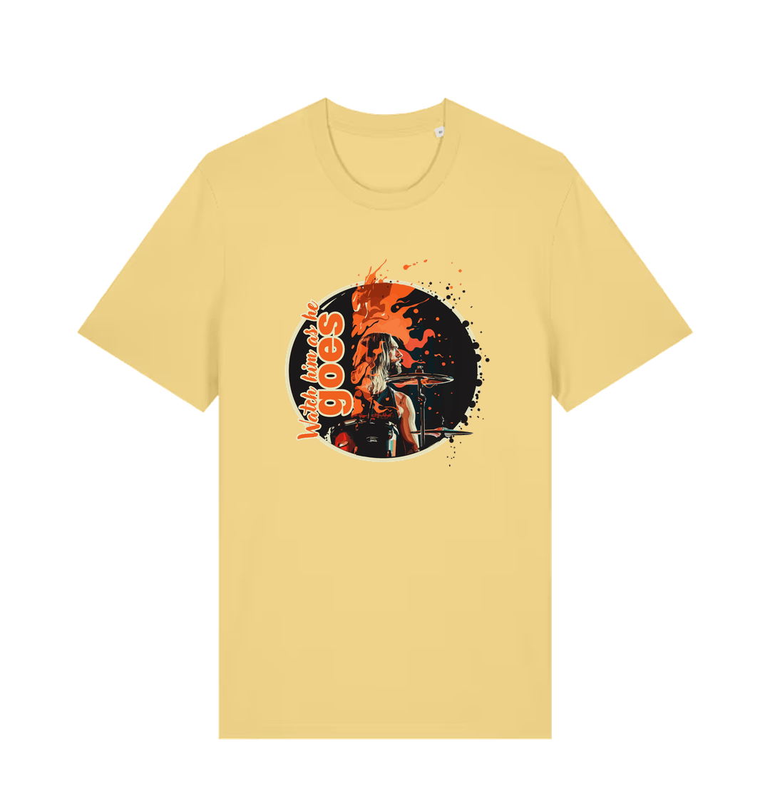 yellow music t-shirt with a graphic depicting taylor hawkins and the slogan 'watch him as he goes'