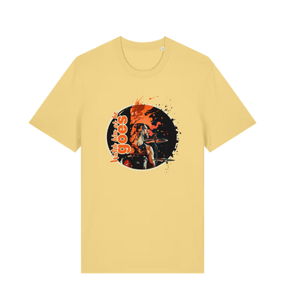 yellow music t-shirt with a graphic depicting taylor hawkins and the slogan 'watch him as he goes'