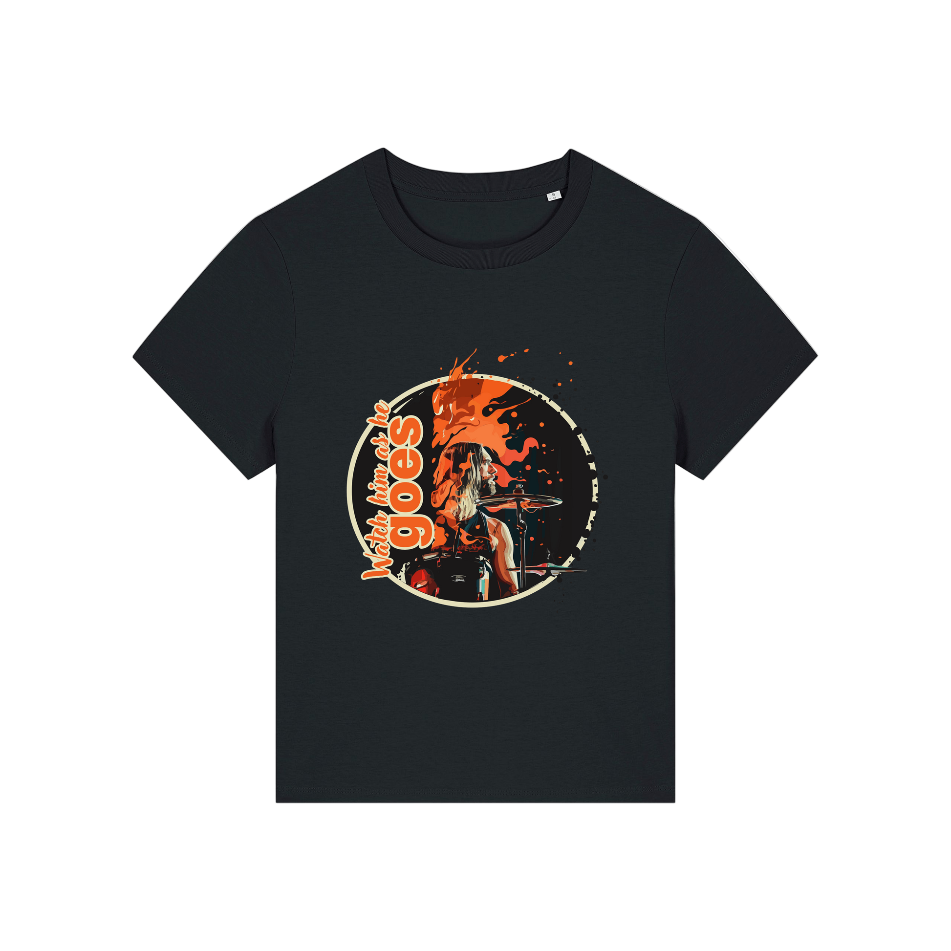 black music t-shirt inspired by the foo fighters with a graphic of taylor hawkins playing the drums and the slogan 'watch him as he goes'