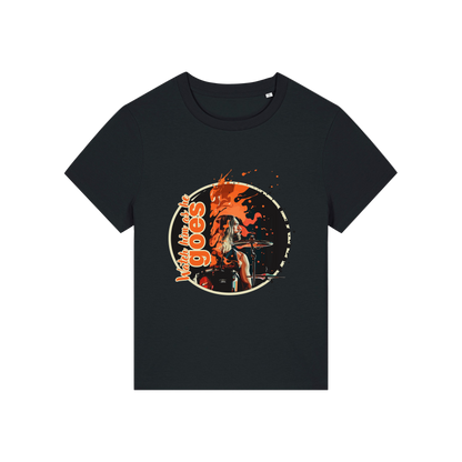 black music t-shirt inspired by the foo fighters with a graphic of taylor hawkins playing the drums and the slogan 'watch him as he goes'