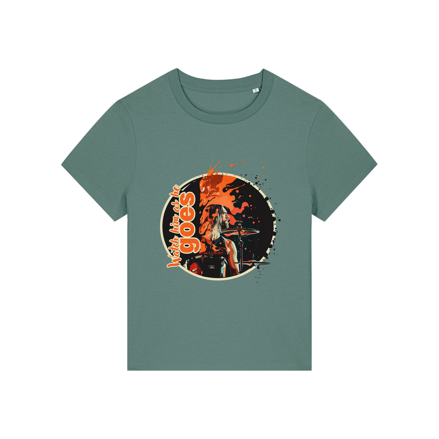 green music t-shirt inspired by the foo fighters with a graphic of taylor hawkins playing the drums and the slogan 'watch him as he goes'