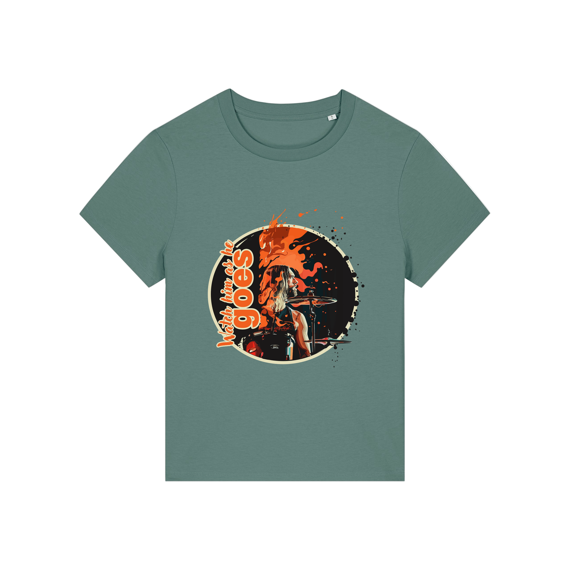 green music t-shirt inspired by the foo fighters with a graphic of taylor hawkins playing the drums and the slogan 'watch him as he goes'