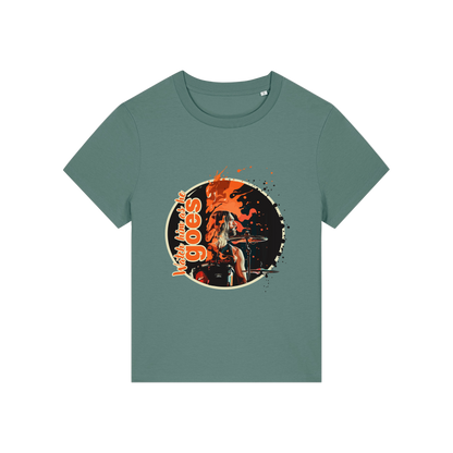 green music t-shirt inspired by the foo fighters with a graphic of taylor hawkins playing the drums and the slogan 'watch him as he goes'
