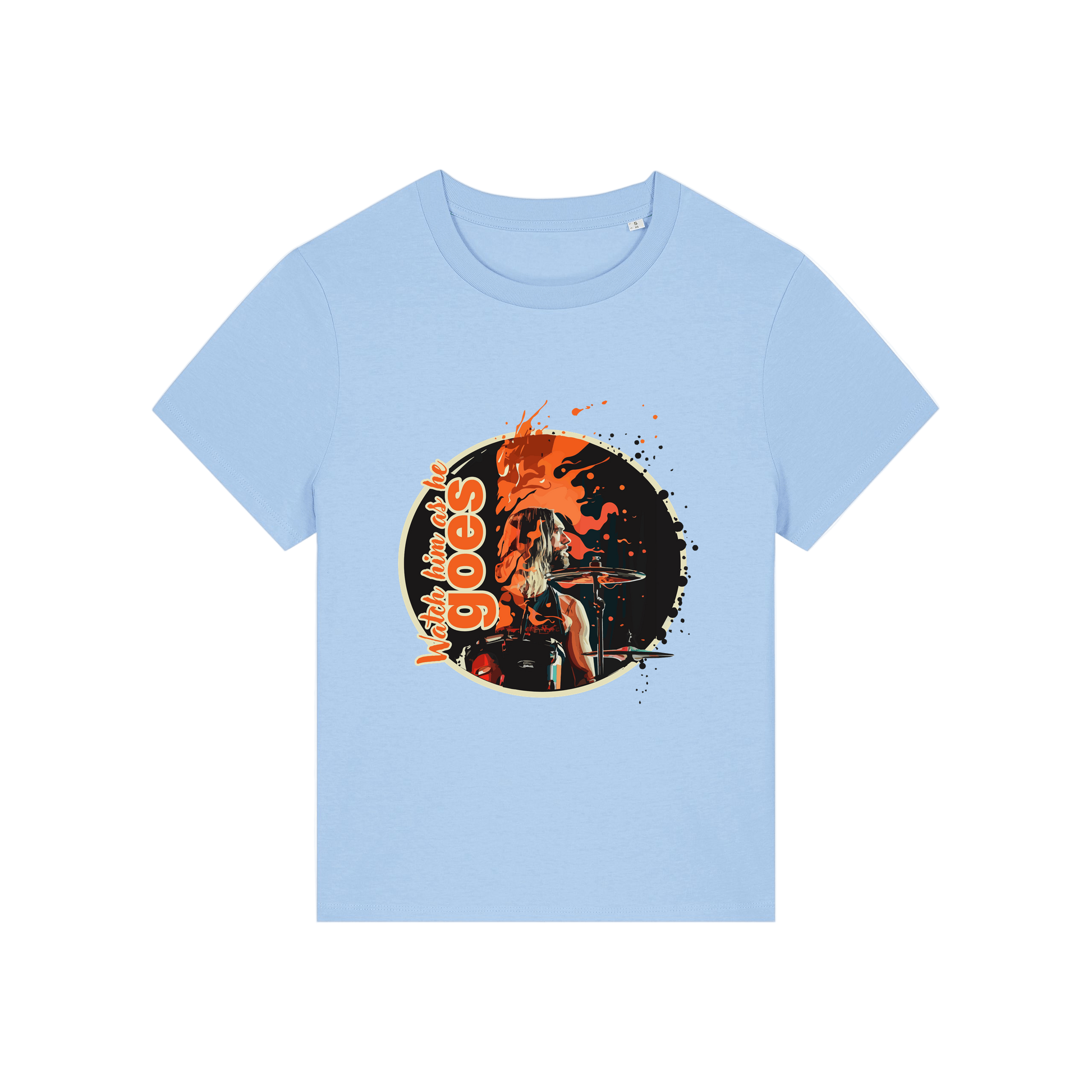 light blue music t-shirt inspired by the foo fighters with a graphic of taylor hawkins playing the drums and the slogan 'watch him as he goes'