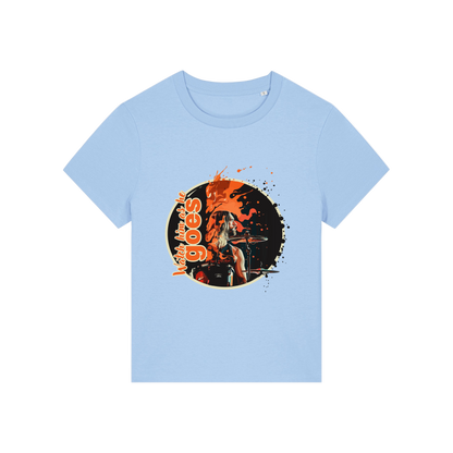 light blue music t-shirt inspired by the foo fighters with a graphic of taylor hawkins playing the drums and the slogan 'watch him as he goes'