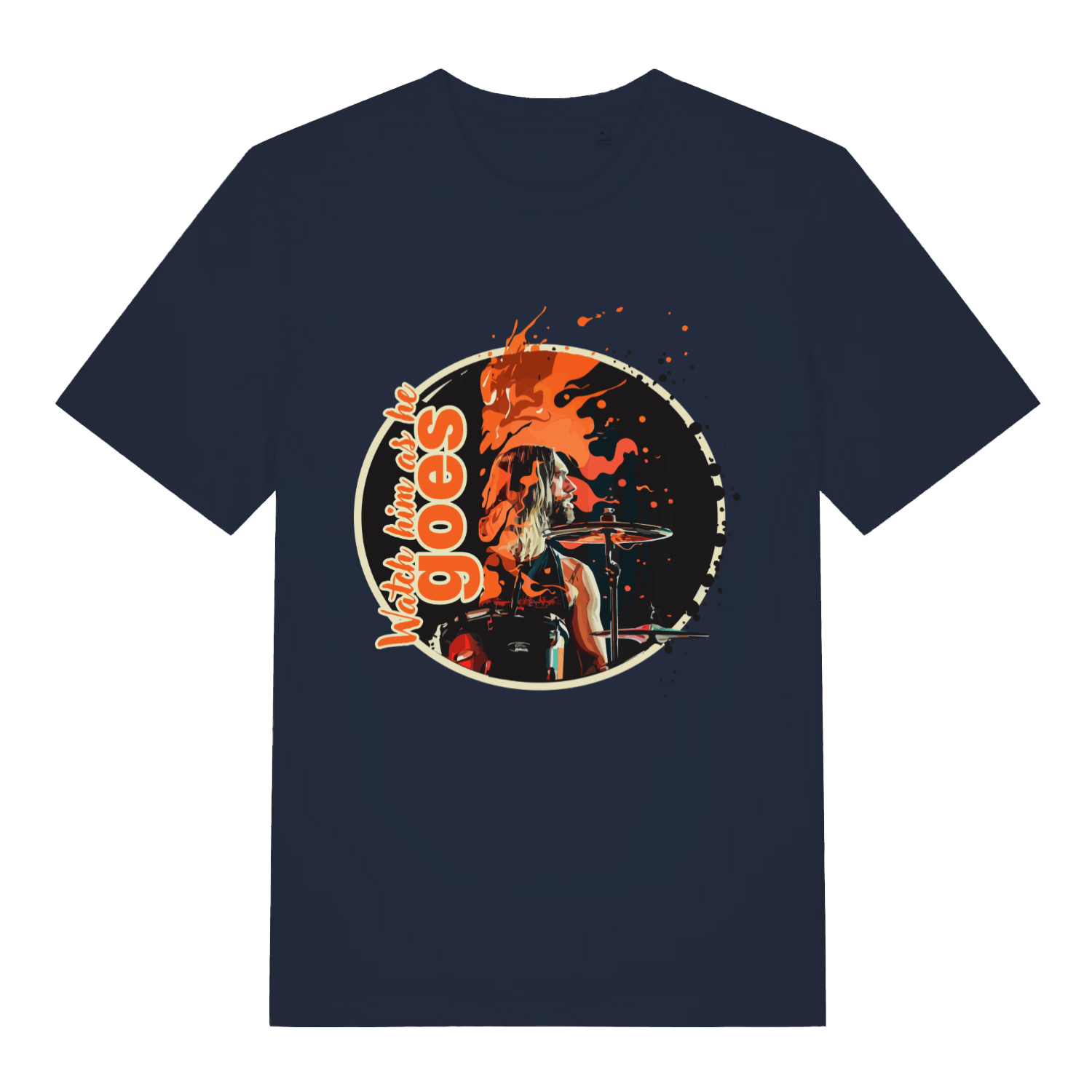 Navy Watch Him As He Goes funny graphic t-shirt featuring circular rock tribute and orange paint splash  