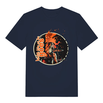 Navy Watch Him As He Goes funny graphic t-shirt featuring circular rock tribute and orange paint splash  