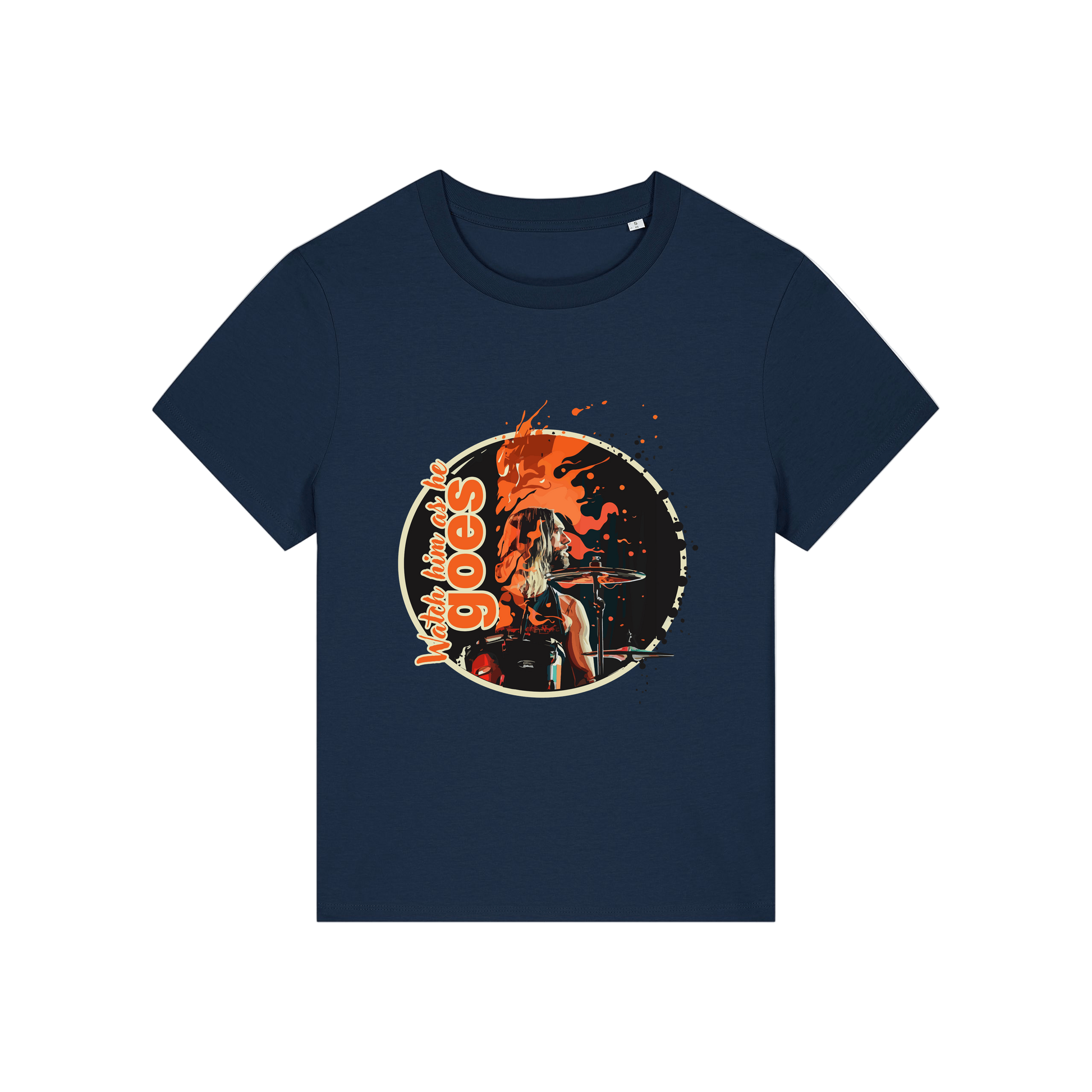 navy music t-shirt inspired by the foo fighters with a graphic of taylor hawkins playing the drums and the slogan 'watch him as he goes'