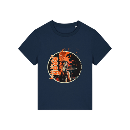 navy music t-shirt inspired by the foo fighters with a graphic of taylor hawkins playing the drums and the slogan 'watch him as he goes'