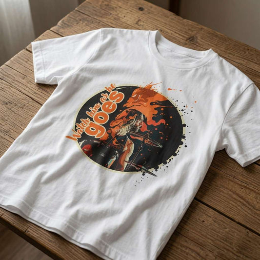 White Watch him as he goes t-shirt on wood featuring drummer graphic, ladies music drummer inspired graphic