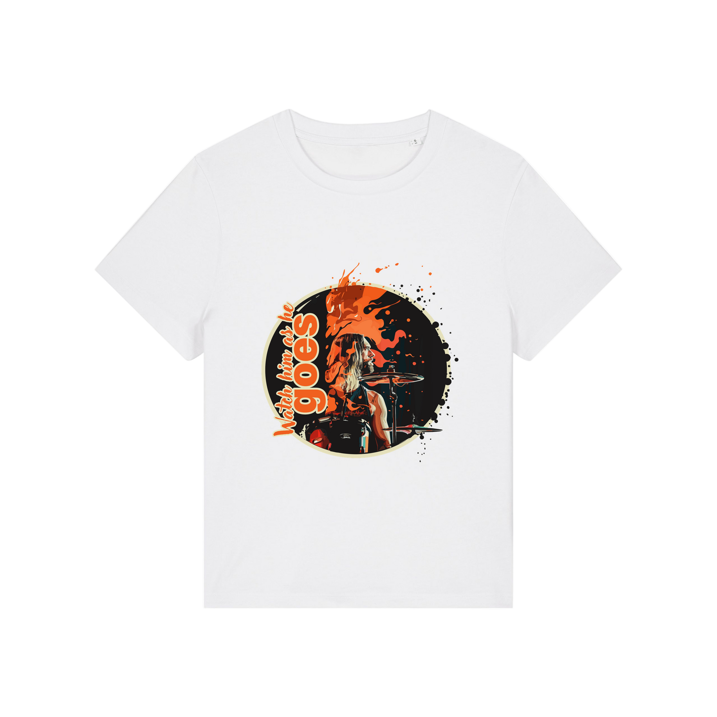 white music t-shirt inspired by the foo fighters with a graphic of taylor hawkins playing the drums and the slogan 'watch him as he goes'