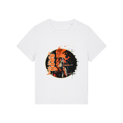 white music t-shirt inspired by the foo fighters with a graphic of taylor hawkins playing the drums and the slogan 'watch him as he goes'