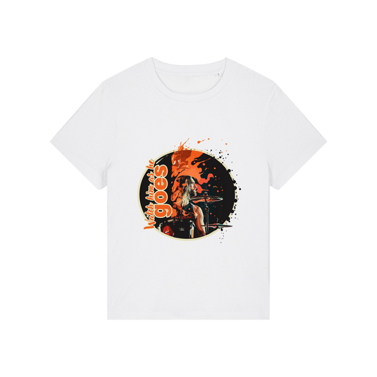 white music t-shirt inspired by the foo fighters with a graphic of taylor hawkins playing the drums and the slogan 'watch him as he goes'