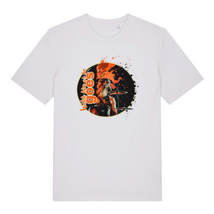 white women's music t-shirt with a graphic of the legendary taylor hawkins and the slogan 'watch him as he goes'