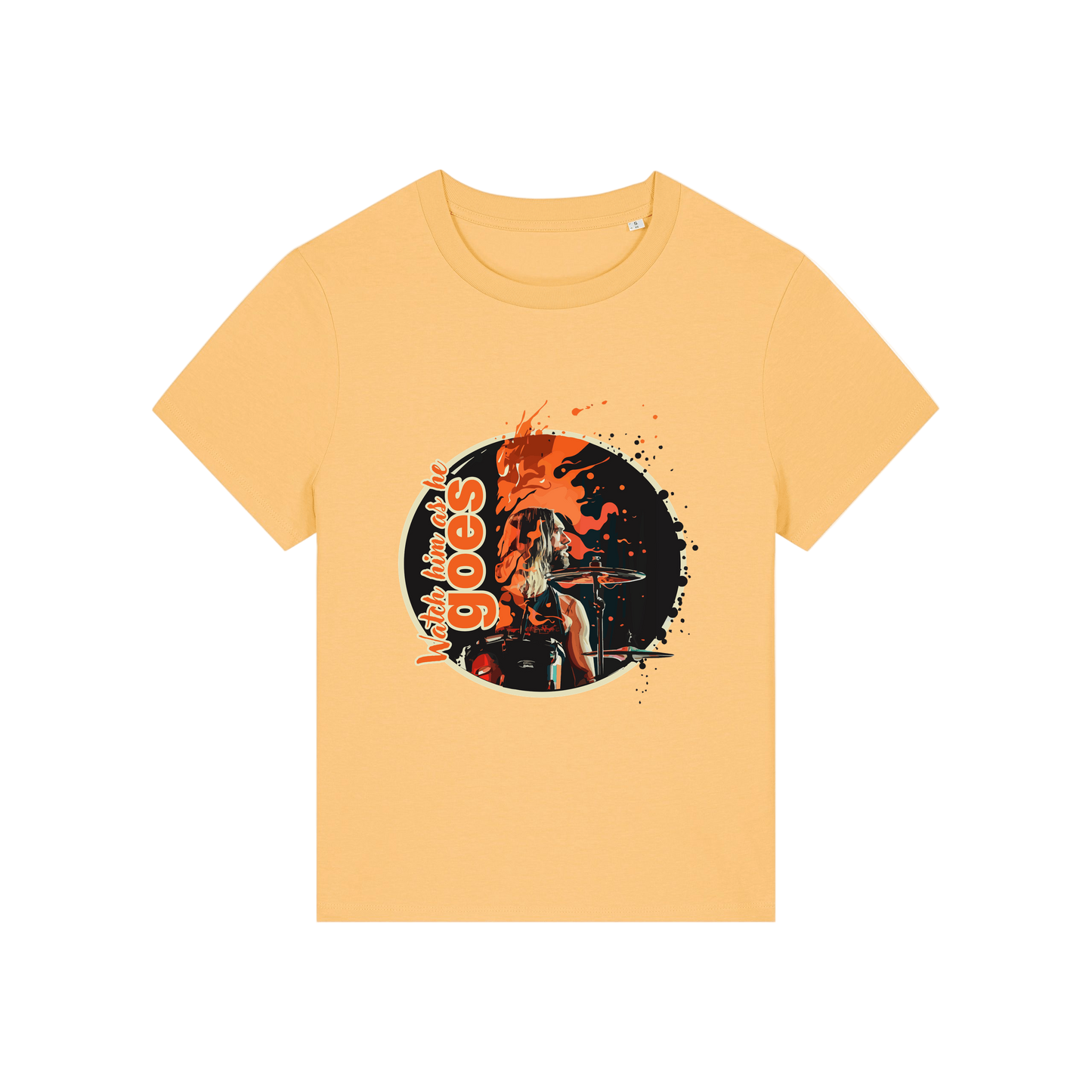 yellow music t-shirt inspired by the foo fighters with a graphic of taylor hawkins playing the drums and the slogan 'watch him as he goes'