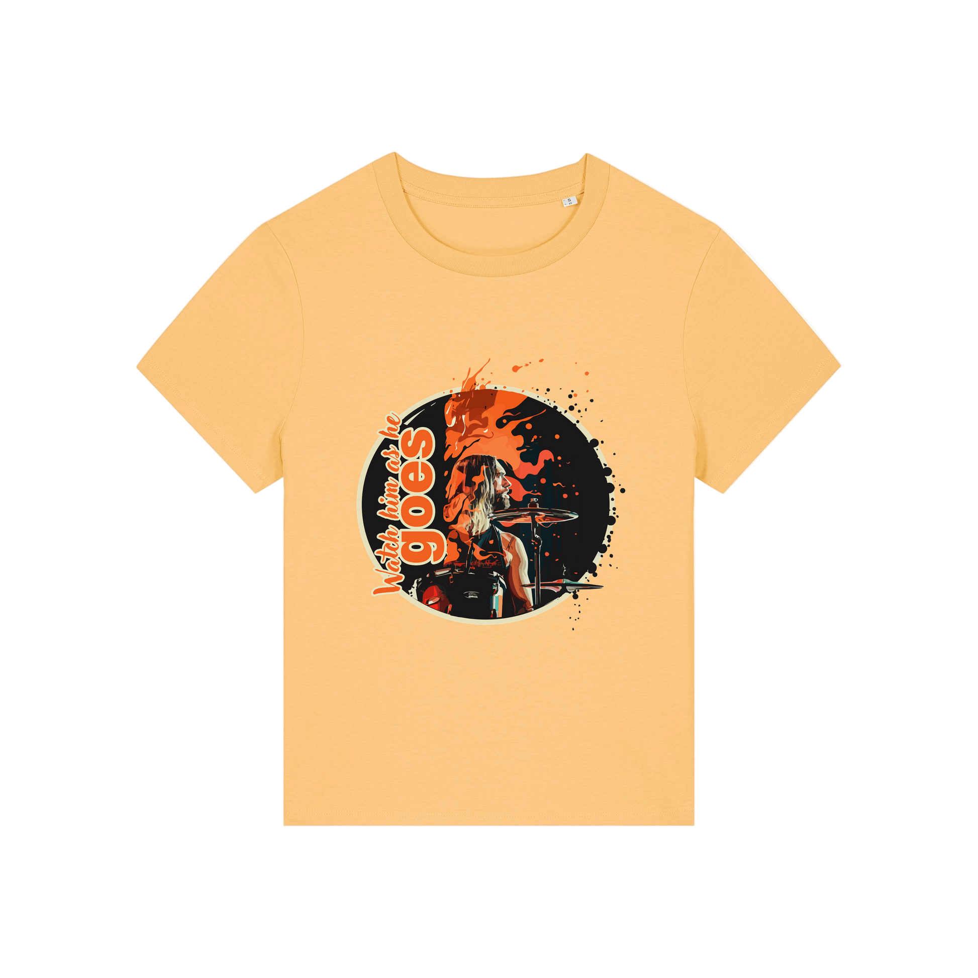 yellow music t-shirt inspired by the foo fighters with a graphic of taylor hawkins playing the drums and the slogan 'watch him as he goes'