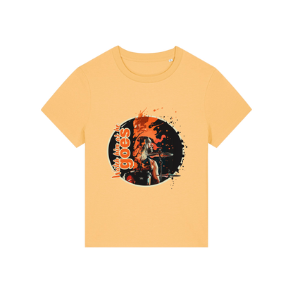 yellow music t-shirt inspired by the foo fighters with a graphic of taylor hawkins playing the drums and the slogan 'watch him as he goes'
