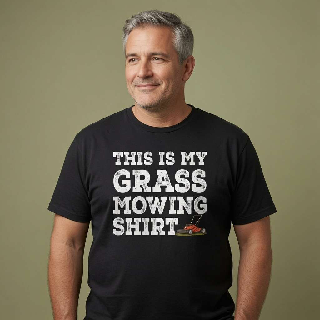 Man with grey hair smiling in black This is My Grass Mowing Shirt tee, mens witty gardening dad slogan