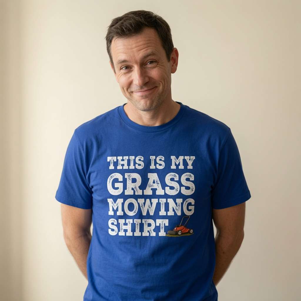 Man smiling in blue This is My Grass Mowing Shirt t-shirt, fun mens witty relatable dad slogan gift
