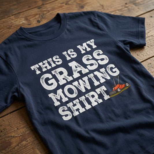 Navy This is My Grass Mowing Shirt t-shirt on wood with lawnmower graphic, funny witty dad related garden slogan