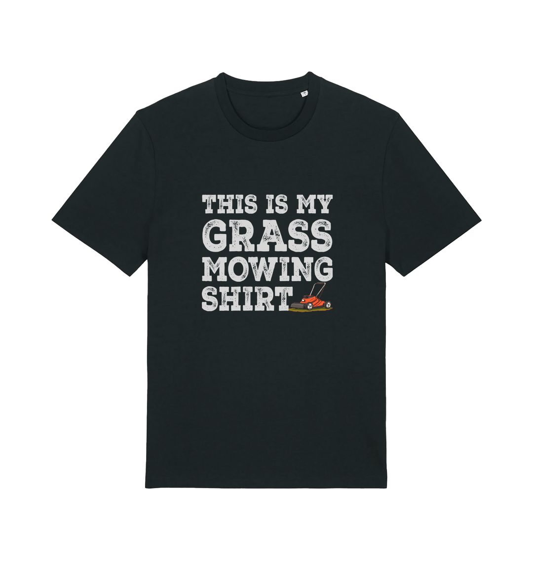 black slogan t-shirt with the graphic of a lawn mower and the slogan 'this is my grass mowing shirt'